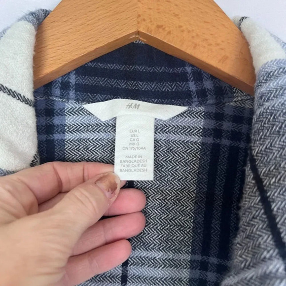 H&M Blue & White Plaid Button Front Flannel Cotton Shirt Shacket Size Large - Picture 6 of 10